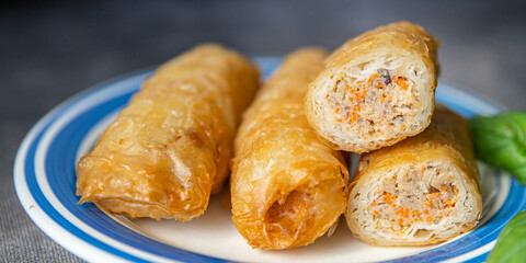 Nem food meat vegetable nems spicy sauce cuisine deep fried spring rolls fresh meal food snack  on the table copy space food background rustic