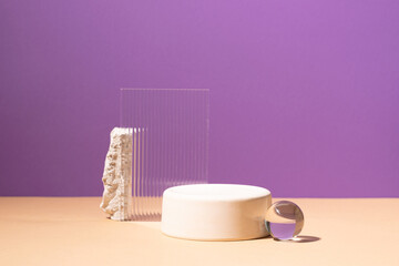 Creative geometric podium, bright sunlight and shadows purple background, gothic style, mockup