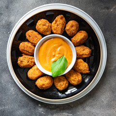 hot fish balls deep fried seafood cuisine fresh meal food snack diet on the table copy space food background rustic