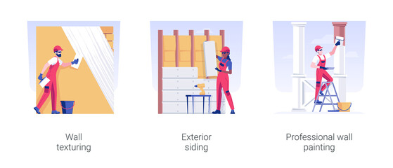 Exterior works in private house building isolated concept vector illustration set. Wall texturing, exterior siding, professional facade wall painting, residential construction vector cartoon.