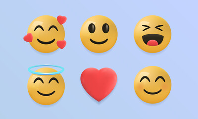 Collection of emojis. Set of 6 3d emojis for social media, app and web design. Smiling face with hearts, with halo, heart, laughter emojis. Vector illustration
