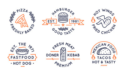 Fast food logos, labels, icons. Collection of 6 fast food logotypes designed for food establishments. Pizza, fried chicken, hot dog, kebab, burgers and tacos logos. Vector illustration. 