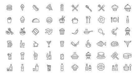 Food icons. Collection of 60 lined food icons isolated on white background. Restaurant, kitchen, bar-related icons. Food, beverage, utensils. Vector illustration