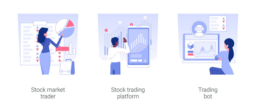 Stock market isolated concept vector illustration set. Stock market trader, trading platform, automated trading system, investment process, raising money, statistics and analytics vector cartoon.