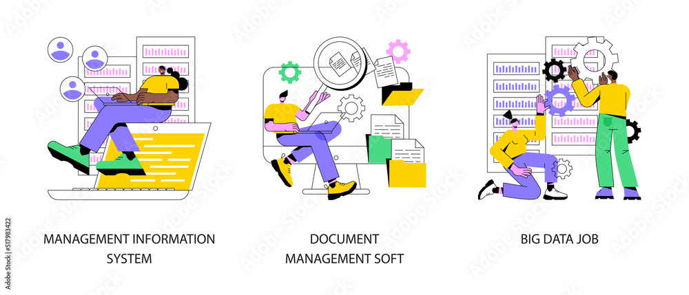 Poster information collection and analysis abstract concept vector illustration set. management information