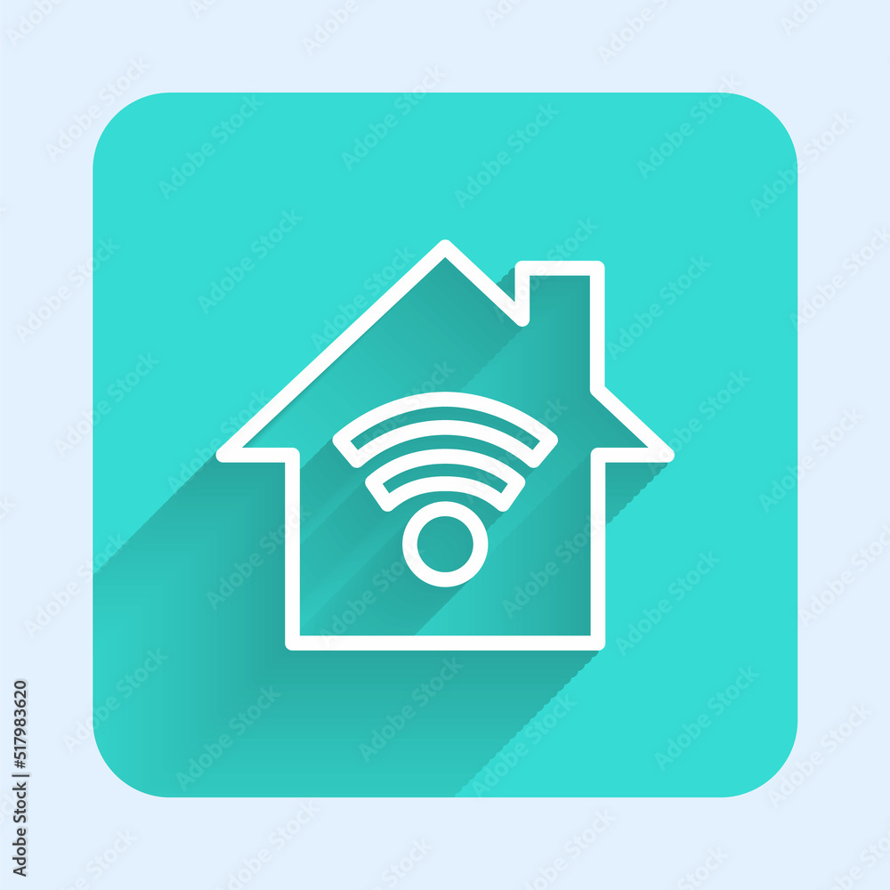 Poster white line smart home with wi-fi icon isolated with long shadow. remote control. green square button