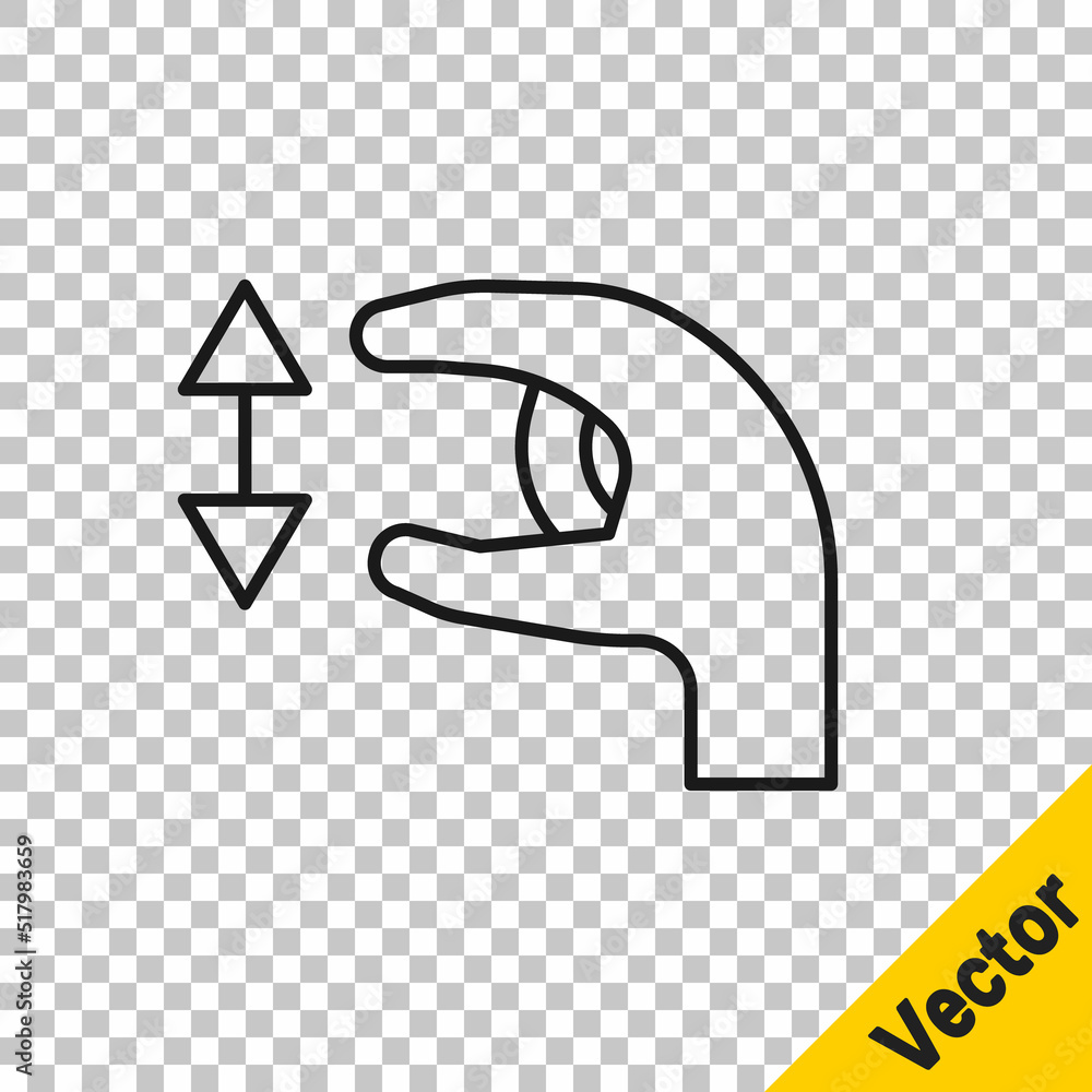 Poster black line human standing and showing the size of something with his hands icon isolated on transpar