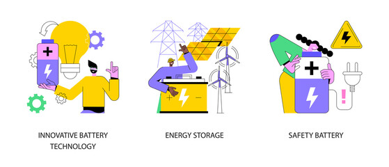 Fototapeta premium Accumulator battery use abstract concept vector illustration set. Innovative battery technology, energy storage, safe energy device, electrical power, eco-friendly fast charging abstract metaphor.