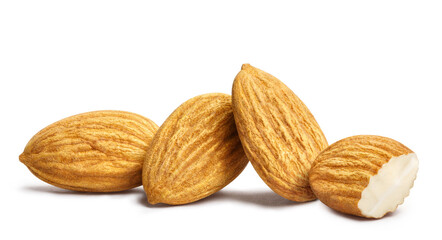 Close-up of delicious almonds, isolated on white background