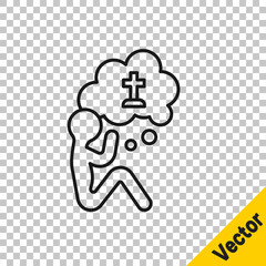 Black line Man graves funeral sorrow icon isolated on transparent background. The emotion of grief, sadness, sorrow, death. Vector