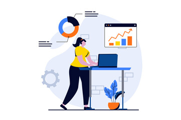 Data science concept with people scene in flat cartoon design. Woman working with diagrams and charts, making financial report and accounting using laptop. Vector illustration visual story for web