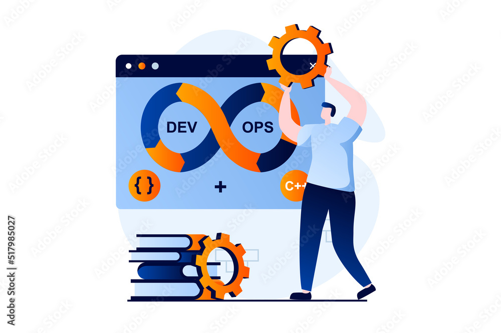 Leinwandbilder DevOps concept with people scene in flat cartoon design. Man optimizes software creating processes, implements practices of development operations in company. Vector illustration visual story for web