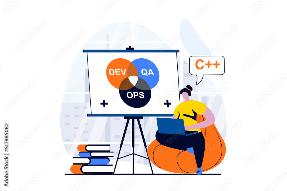 Poster DevOps concept with people scene in flat cartoon design. Woman coding and programming apps or programs while manager optimize effective work process i team. Vector illustration visual story for web