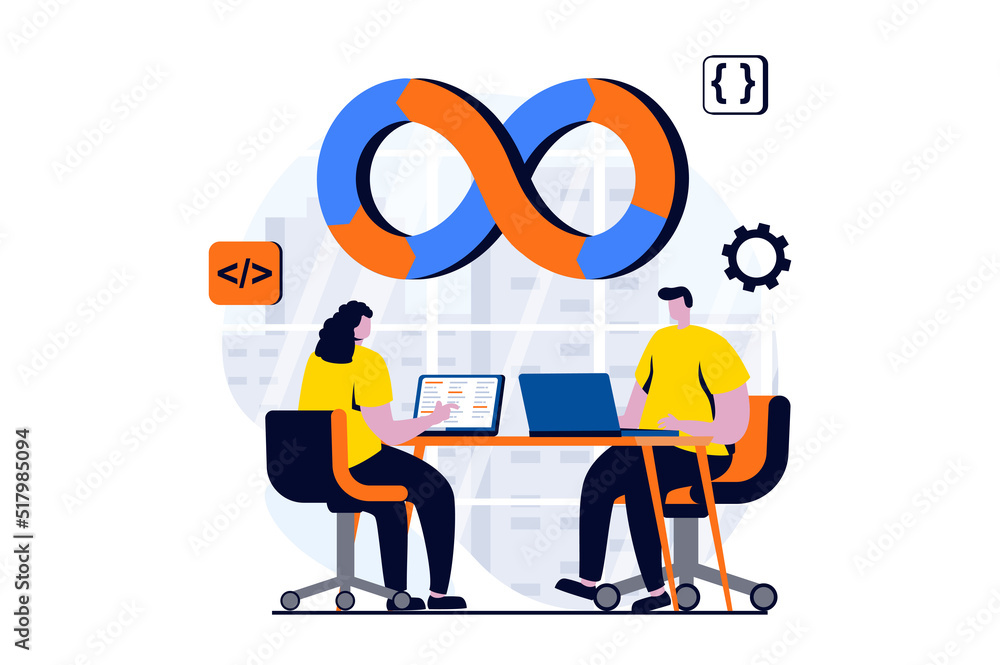 Leinwandbilder DevOps concept with people scene in flat cartoon design. Woman and man coding and programming apps at laptops in office and practice development operations. Vector illustration visual story for web