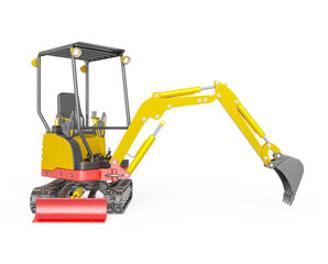 mini digger construction vehicle is digging left in white background