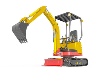 mini digger construction vehicle is dumping in white background