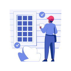 Home inspector isolated concept vector illustration. Man examines home condition outdoors, inspection service worker, private house construction, residential area building vector concept. - obrazy, fototapety, plakaty