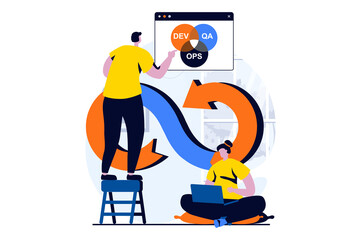 DevOps concept with people scene in flat cartoon design. Man and woman administer and optimize effective work with programming apps and software in IT company. Vector illustration visual story for web