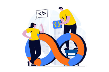 DevOps concept with people scene in flat cartoon design. Man and woman coding and programming software, manager optimize effective work process in company. Vector illustration visual story for web