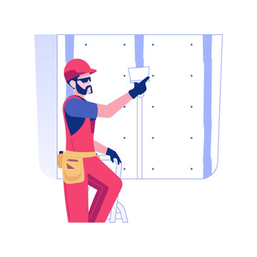 Drywall mudding and taping isolated concept vector illustration. Repairman deals with drywall taping, construction tool and equipment, private house building process vector concept.