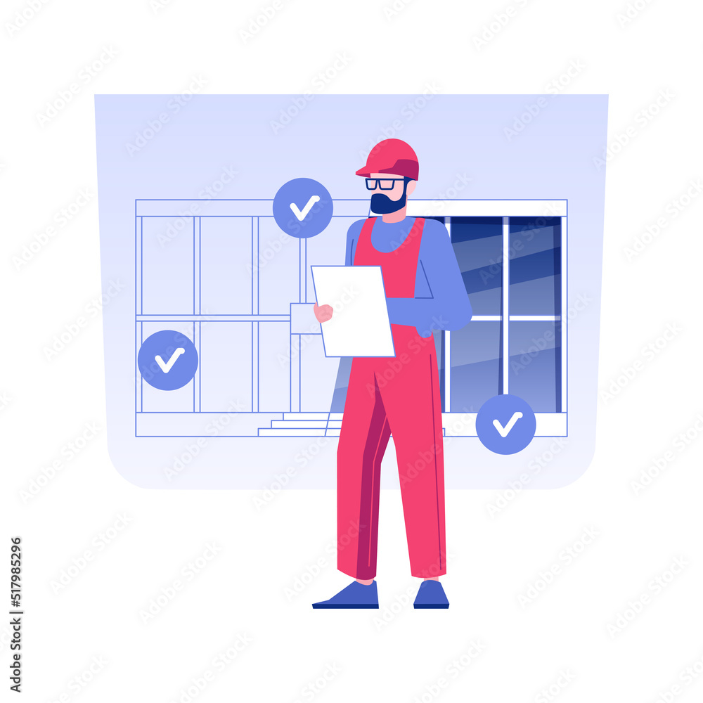 Poster building code inspection isolated concept vector illustration. professional building inspector writi