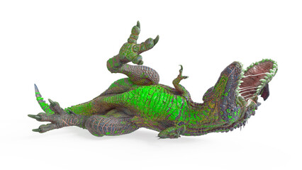 dinosaur monster is down on the flor on white background front view