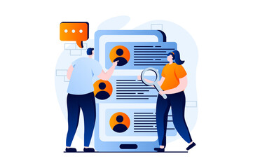 Employee hiring process concept with people scene in flat cartoon design. Man and woman looking for candidates for open vacancy and choosing new employee. Vector illustration visual story for web