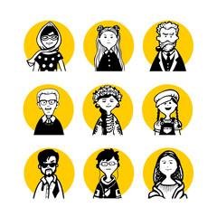 Collection 16 comic faces and characters of people in style of doodles for avatars in yellow circle and black-white icons and sets of icons and portraits of social networks for articles or site