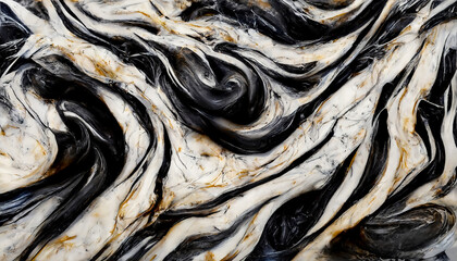 Marble background. Texture black and white marble with gold. Liquid stains of paint. Fluid art. 3D illustration.