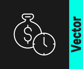 White line Time is money icon isolated on black background. Money is time. Effective time management. Convert time to money. Vector