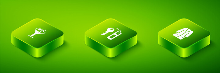 Set Isometric Hotel door lock key, Bathrobe and Martini glass icon. Vector