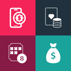 Set pop art Money bag, Lottery ball bingo card, Casino chip and playing cards and Online poker table game icon. Vector