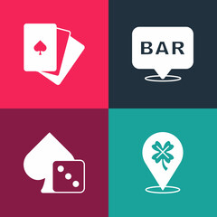 Set pop art Casino slot machine with clover, Game dice, Alcohol bar location and Deck of playing cards icon. Vector