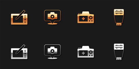 Set Graphic tablet, Photo camera, and flash icon. Vector