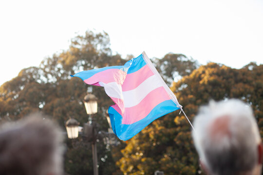 Transgender flag having five horizontal stripes of three colors&mdash;light blue, pink and white at Pride parade. Symbol of Rights of transgender people