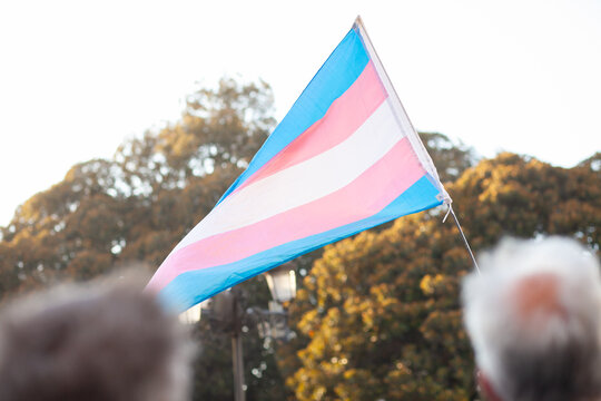 Transgender flag having five horizontal stripes of three colors&mdash;light blue, pink and white at Pride parade. Symbol of Rights of transgender people