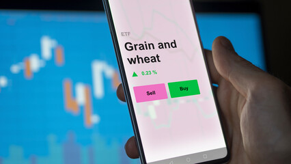 An investor's analizing the grain and wheat etf fund on a screen. A phone shows the prices of Grain and wheat