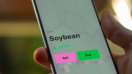 An investor's analizing the soybean etf fund on a screen. A phone shows the prices of Soybean