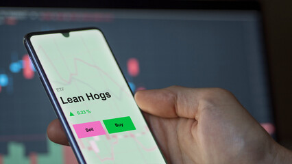 An investor's analizing the lean hogs etf fund on a screen. A phone shows the prices of Lean Hogs