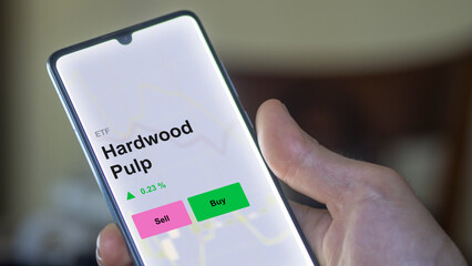 An investor's analizing the hardwood pulp etf fund on a screen. A phone shows the prices of Hardwood Pulp