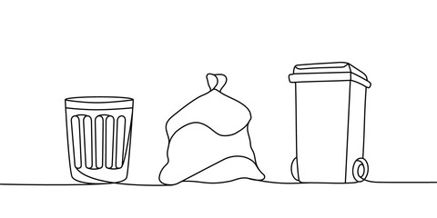 Set of trash one line continuous drawing. Rubbish, garbage, trash can, garbage bag, recycle bin continuous one line set illustration.