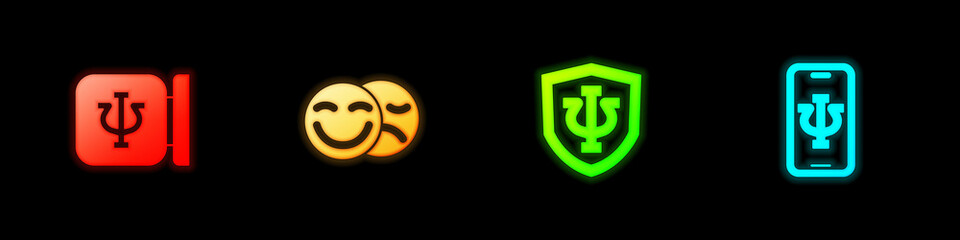 Set Psychology, Psi, Comedy and tragedy masks, and Psychologist online icon. Vector