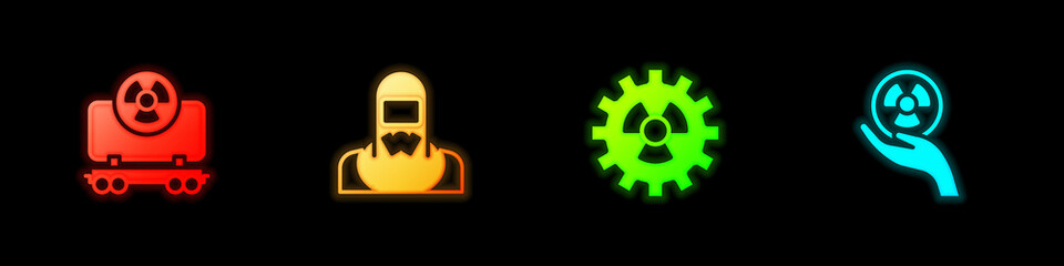 Set Radioactive cargo train, Nuclear reactor worker, and icon. Vector