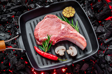 Raw beef steak on the grill pan