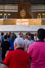 Adoration of Jesus Christ present in the Blessed Sacrament after the evening Holy Mass in Medjugorje, Bosnia and Herzegovina. 2021-07-31. - obrazy, fototapety, plakaty