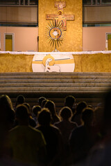 Adoration of Jesus Christ present in the Blessed Sacrament after the evening Holy Mass in Medjugorje, Bosnia and Herzegovina. 2021-07-31. - obrazy, fototapety, plakaty
