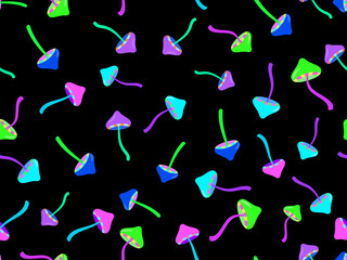 Psychedelic mushrooms seamless pattern. Acid trip, colorful mushrooms in the style of the 80s. Design for posters, banners and promotional products. Vector illustration