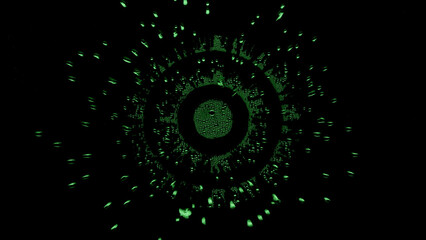 Sign target printed on the wet glass with green drops is blowing off on black background | skin care concept