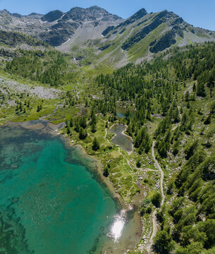 Aerial view of Lake Arpy near Morgex in the Aosta Valley, Italy. Trekking and outdoor walks in the Alps