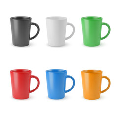 Illustration of Six Empty Ceramic Coffee Cups, or Tea Mugs of different Colors on a White Backdrop. Isolated Mockup with Shadow Effect, and Copy Space for Your Design